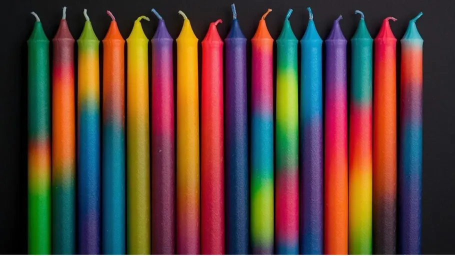 Colorful candles arranged on a black background.