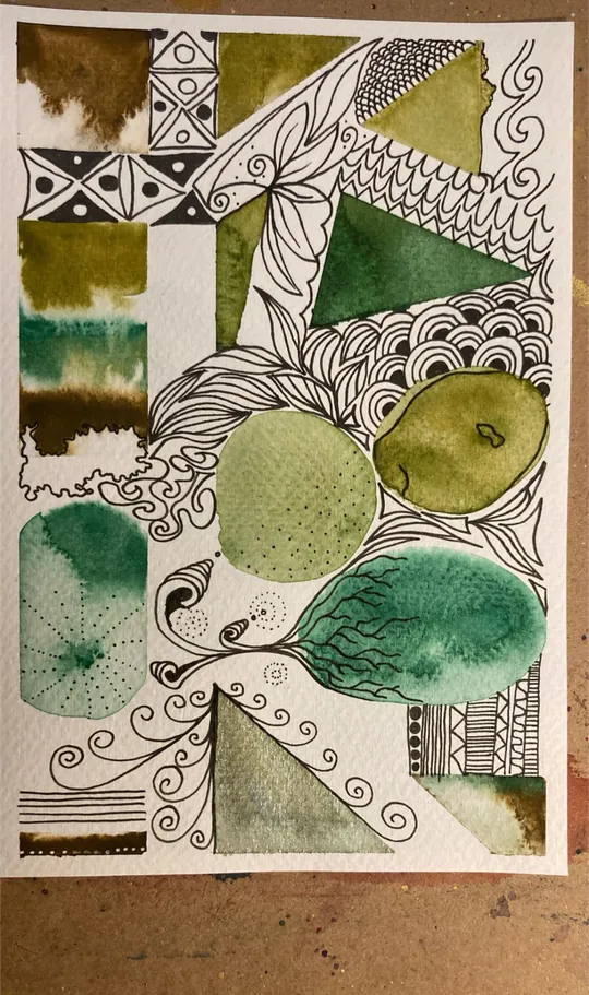 Abstract watercolor and ink drawing with patterns.