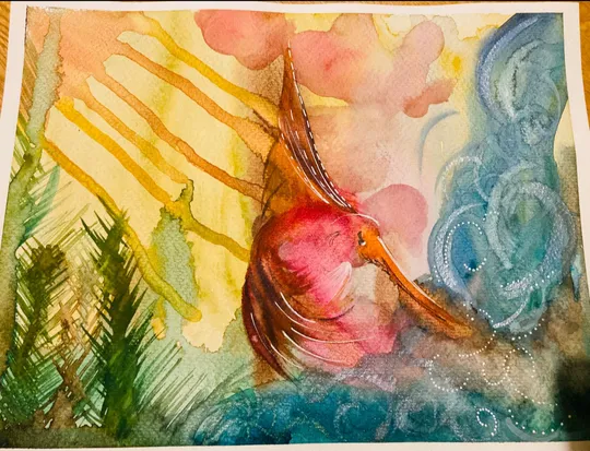 Colorful abstract bird in vibrant landscape.