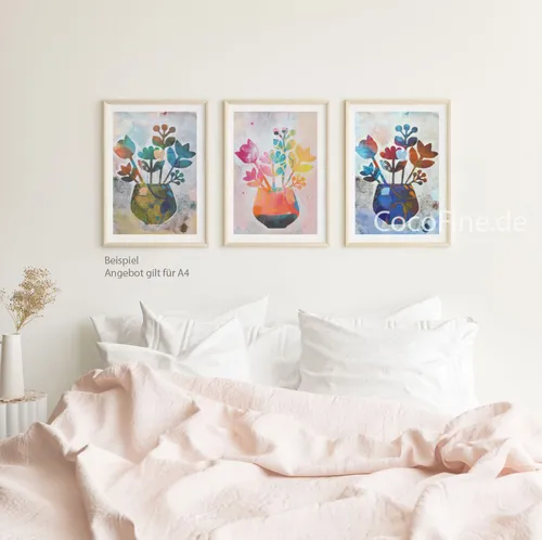 Three floral paintings above white bed.