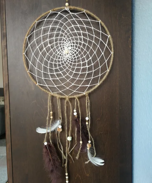 Dreamcatcher with feathers on wooden wall.