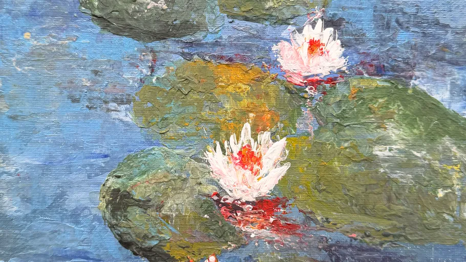 Painted water lilies on a blue pond.