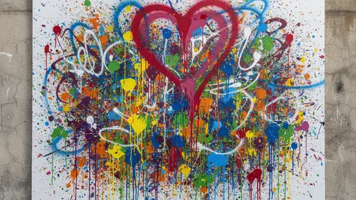 Colorful graffiti heart on a white wall.