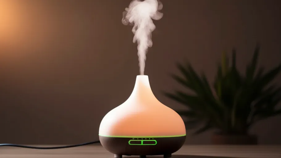 Aroma diffuser emitting steam in a room.