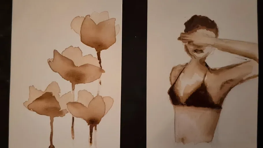 Sepia flowers and woman covering eyes.