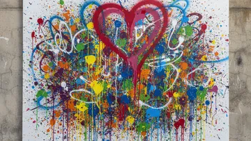Graffiti heart in colorful paint splatters.