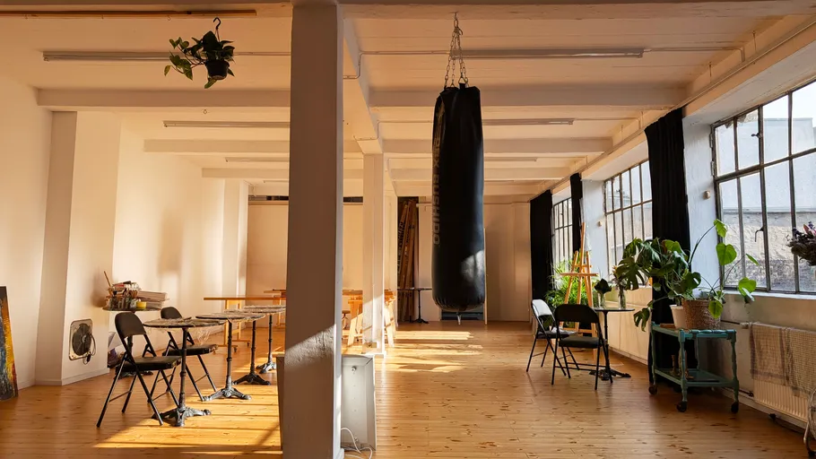 Spacious studio with punching bag and plants.
