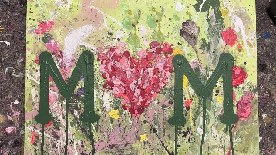 Floral painting with heart and M letters.