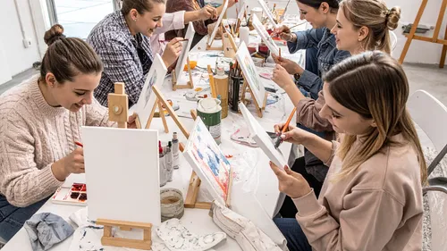 Group painting on canvases in art studio.