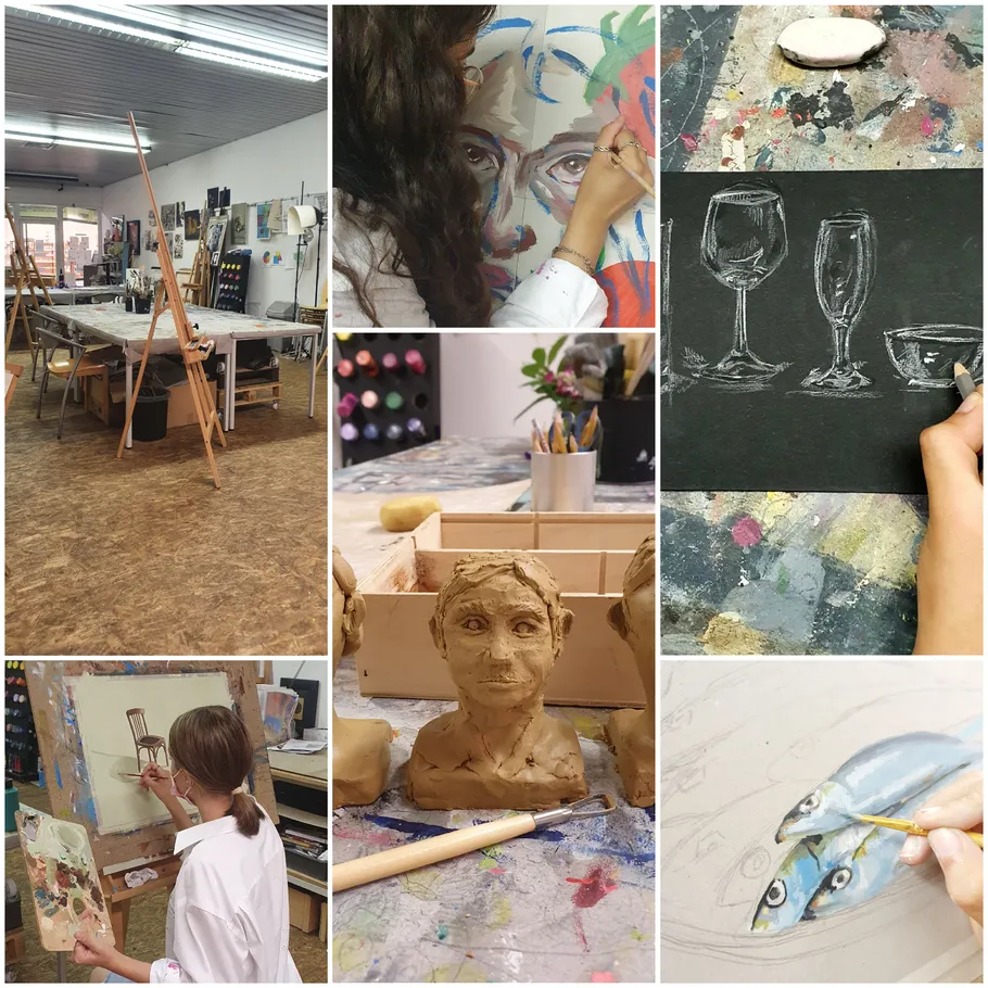 Art studio with painting and sculpting activities.