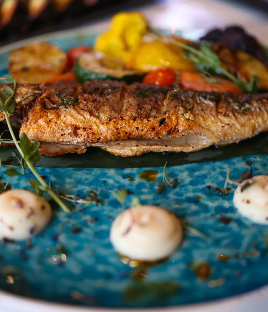 Grilled fish with vegetables on blue plate.