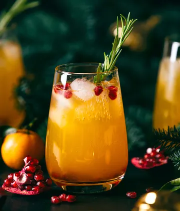Orange cocktail with rosemary and pomegranate garnish.