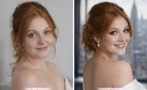 Rothaarige Frau posiert mit Stadtblick.