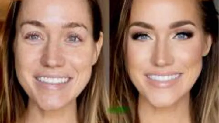 Woman before and after makeup in close-up.