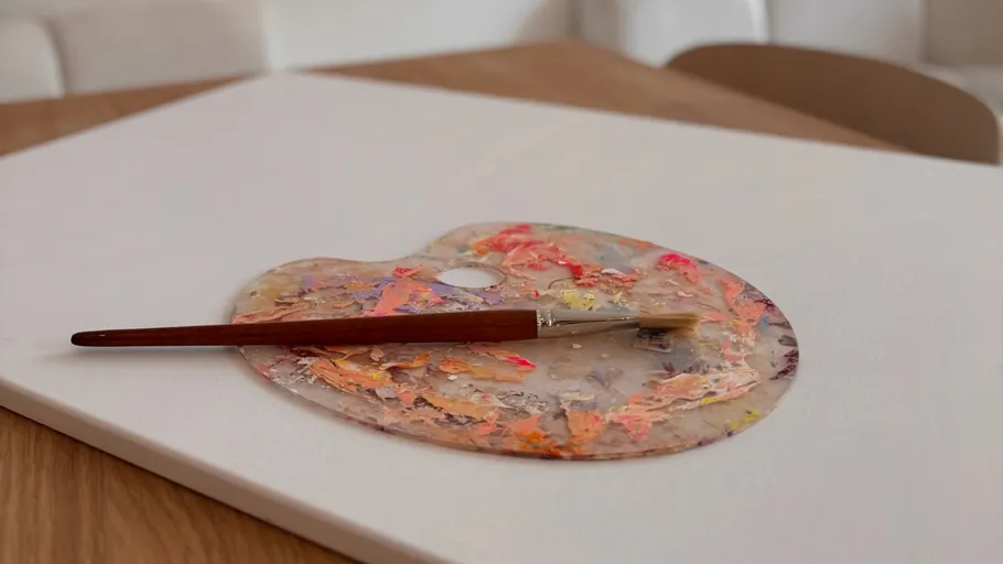 Paintbrush on colorful palette atop blank canvas.