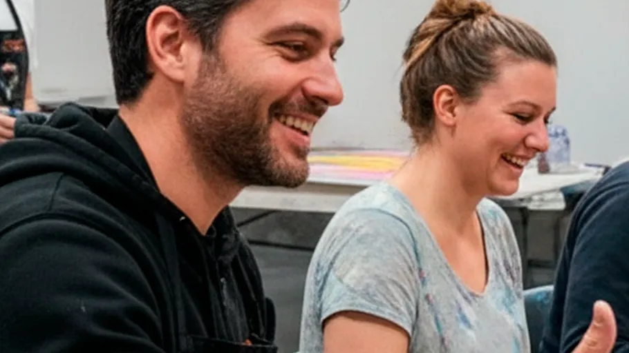 Two people smiling indoors at table.