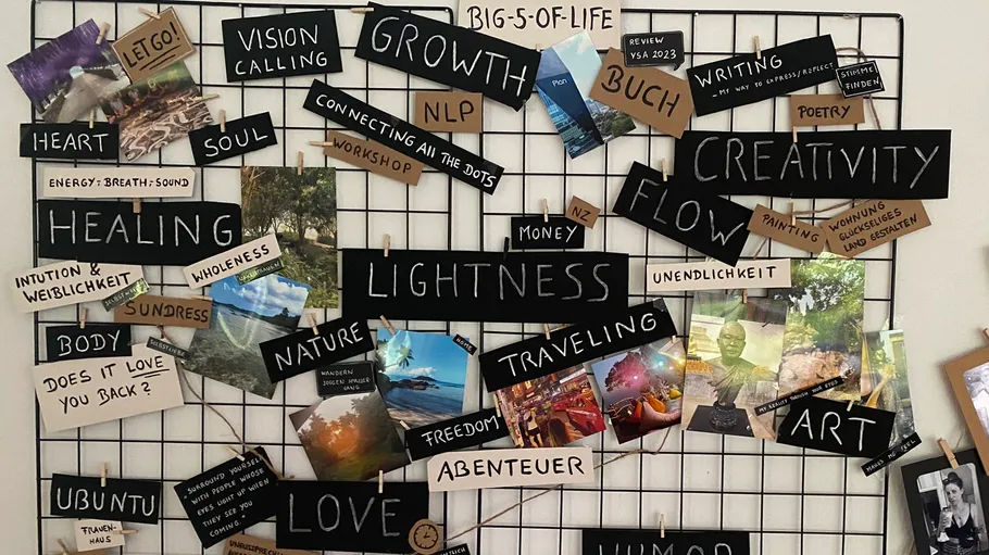 Visionstafel mit Worten, Fotos und Notizen.