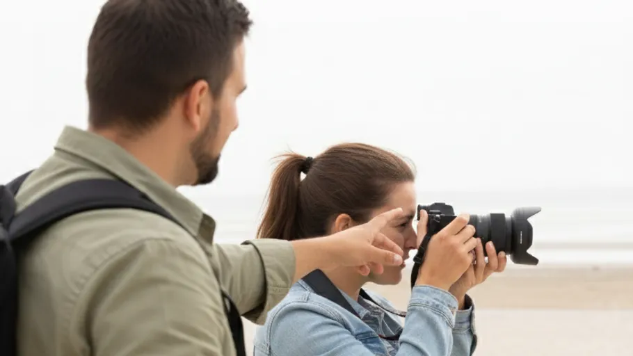 Mann zeigt Frau beim Fotografieren am Strand.