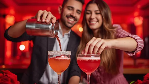Paar macht Cocktails in einer lebhaften Bar.