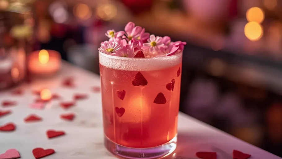 Rosa Cocktail mit Blumen und Herzen dekoriert.
