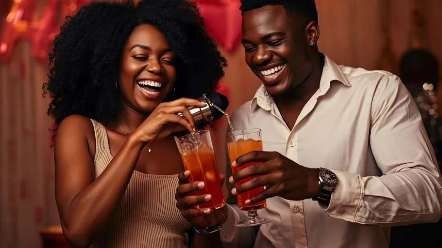 Smiling couple pouring drinks at party.