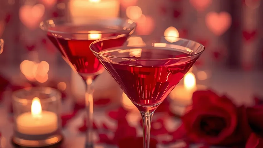 Zwei rote Cocktails mit Kerzen und Rosen.