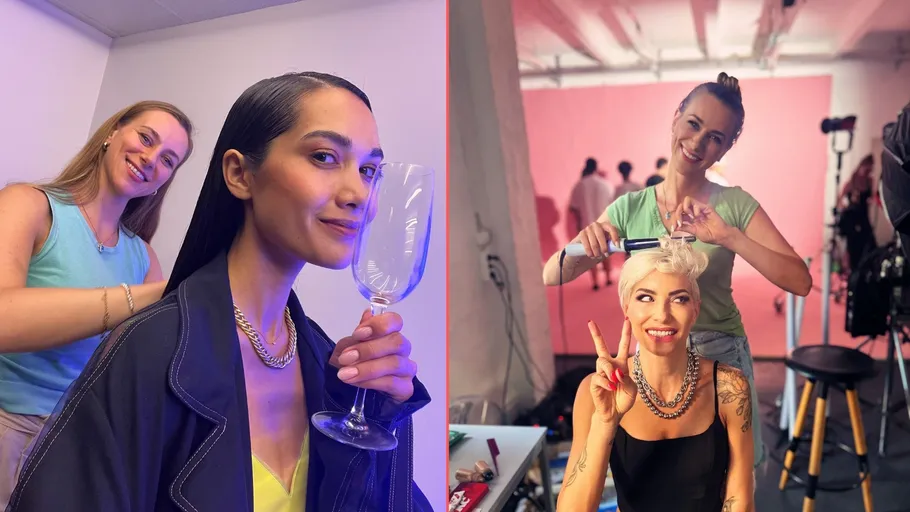 Two women getting hairstyles in a studio.