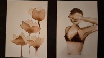 Zwei Aquarellbilder von Blumen und Frau.