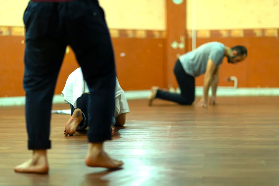 People crawling on a wooden floor indoors.