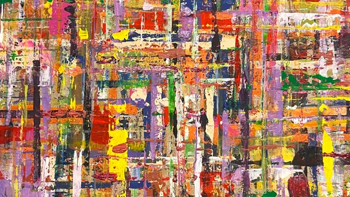 Abstract painting with colorful vertical lines.