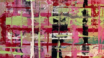 Abstract painting with colorful overlapping lines.