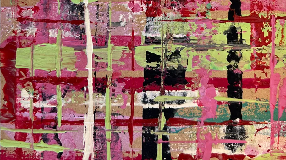 Abstract painting with colorful overlapping lines.