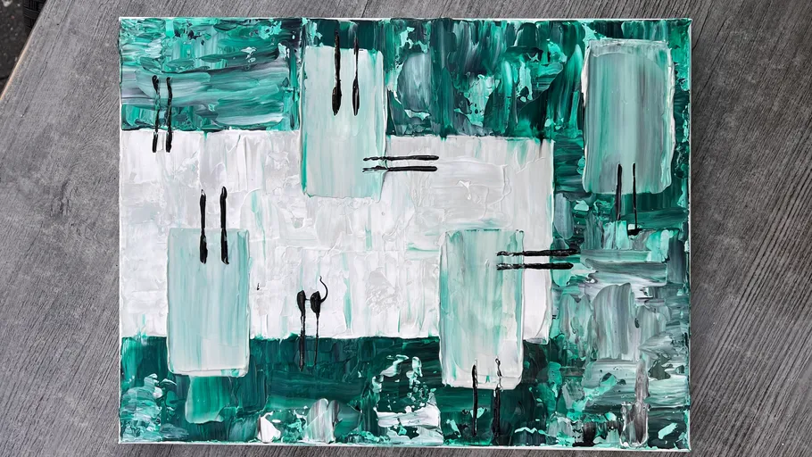 Abstract painting with green and white rectangles.