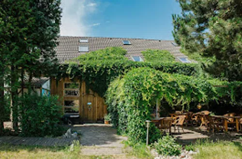 Grünes, weinbewachsenes Haus mit Außensitzplätzen.