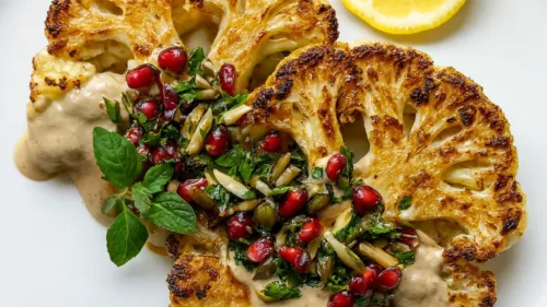 Gerösteter Blumenkohl mit Granatapfel auf Teller.