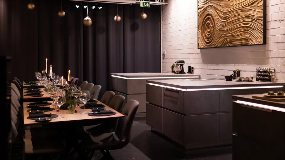 Elegant dining table set in modern kitchen.