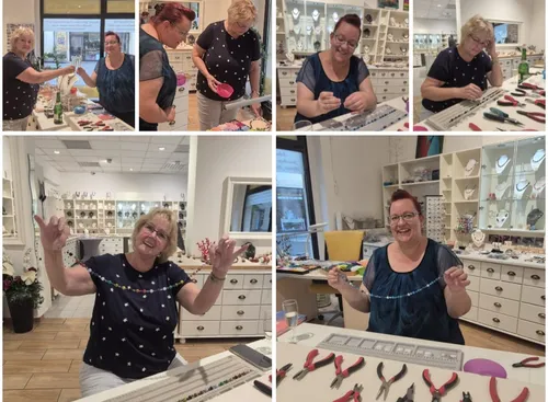 People making jewelry in a craft shop.