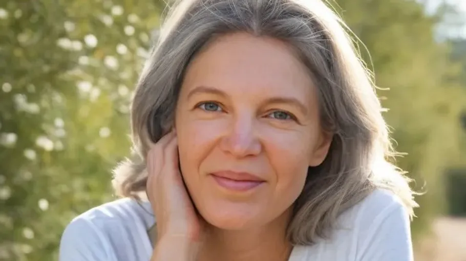 Woman smiling outdoors in natural setting.