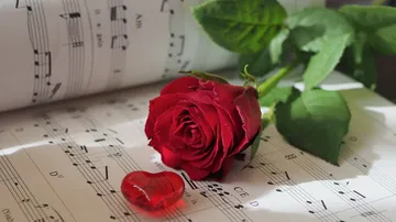 Rote Rose und Herz auf Notenblatt.
