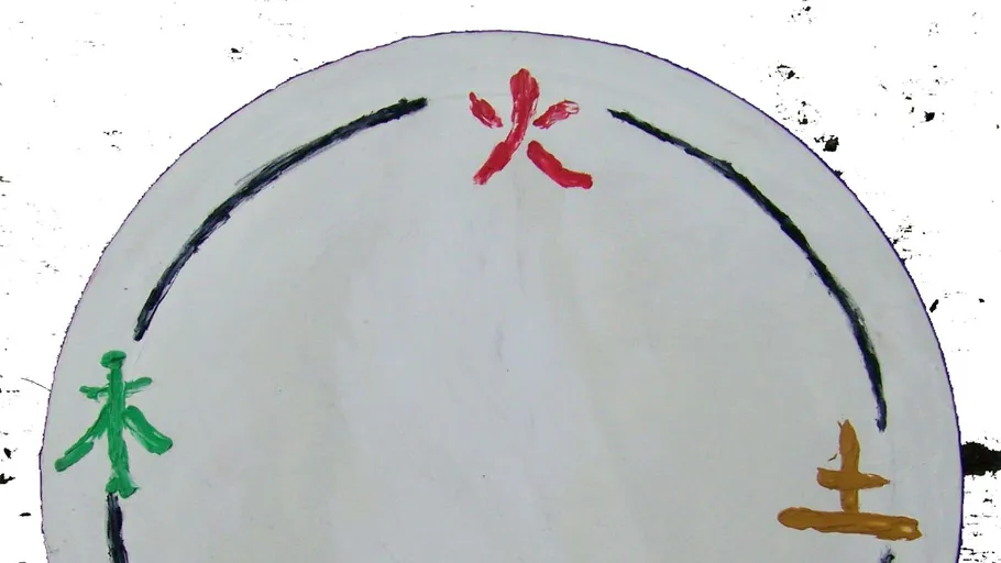 Runde Holzplakette mit bunten Symbolen.