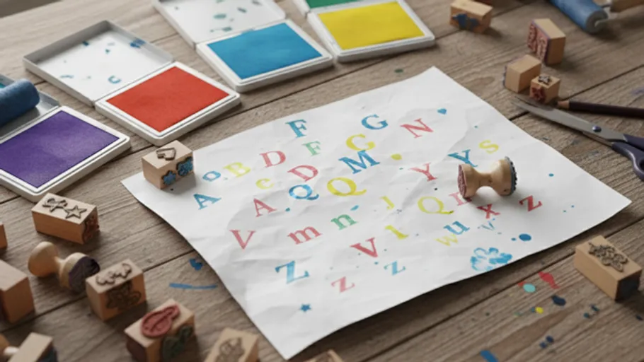 Bunte Stempel und Alphabet auf Papier.