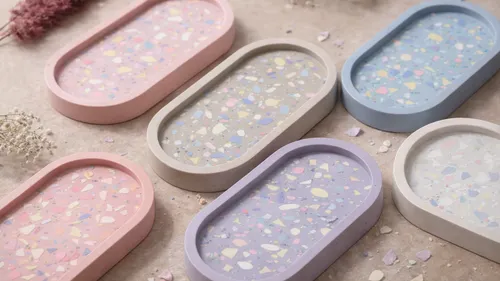 Bunte Terrazzo-Tabletts auf strukturierter Oberfläche.