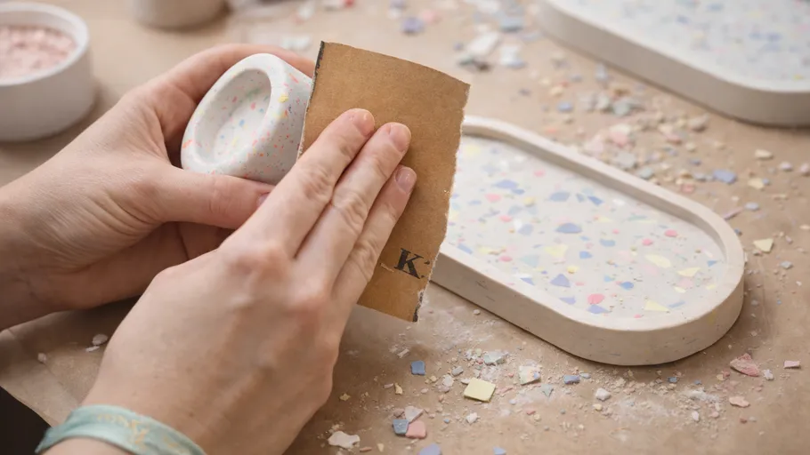 Hands sanding colorful terrazzo coaster, workbench background.