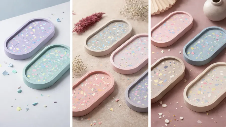 Colorful terrazzo trays on textured surfaces.