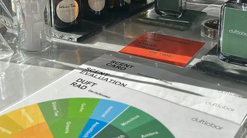 Duftbewertungsdiagramm auf Tisch mit Parfümflaschen.