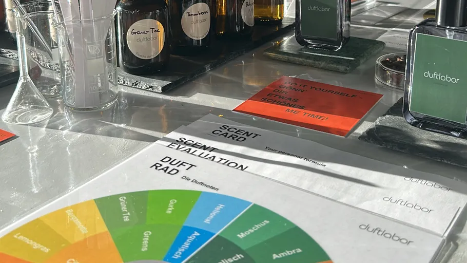 Perfume bottles and scent evaluation card on table.