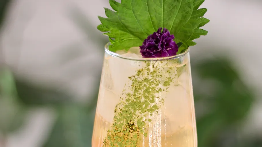Cocktail with leaf and flower garnish.