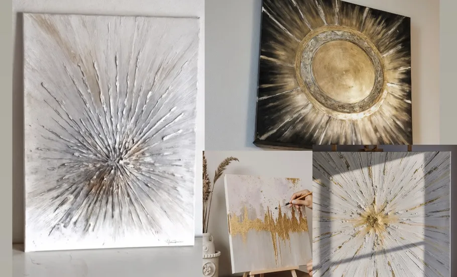 Abstract art with gold and silver tones.