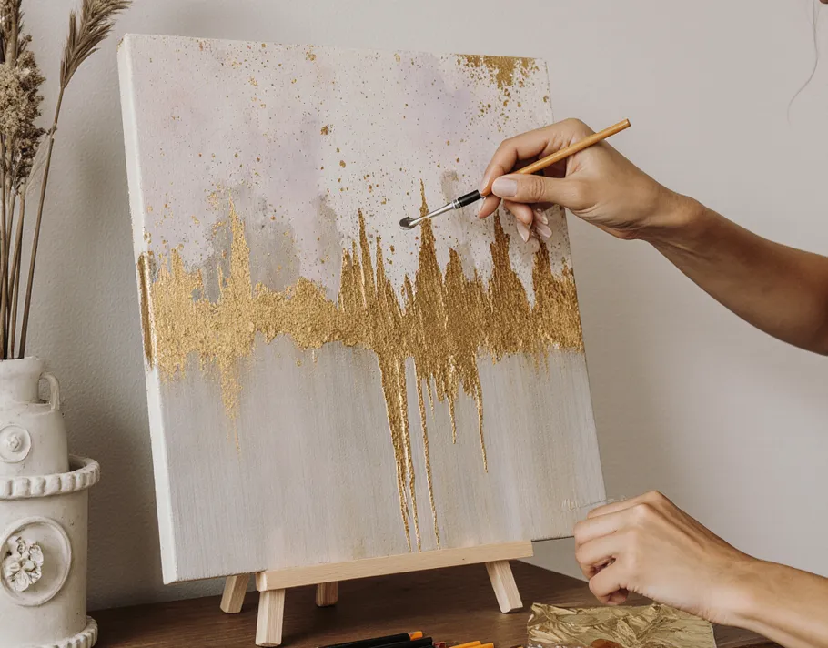 Person painting abstract gold artwork on canvas.