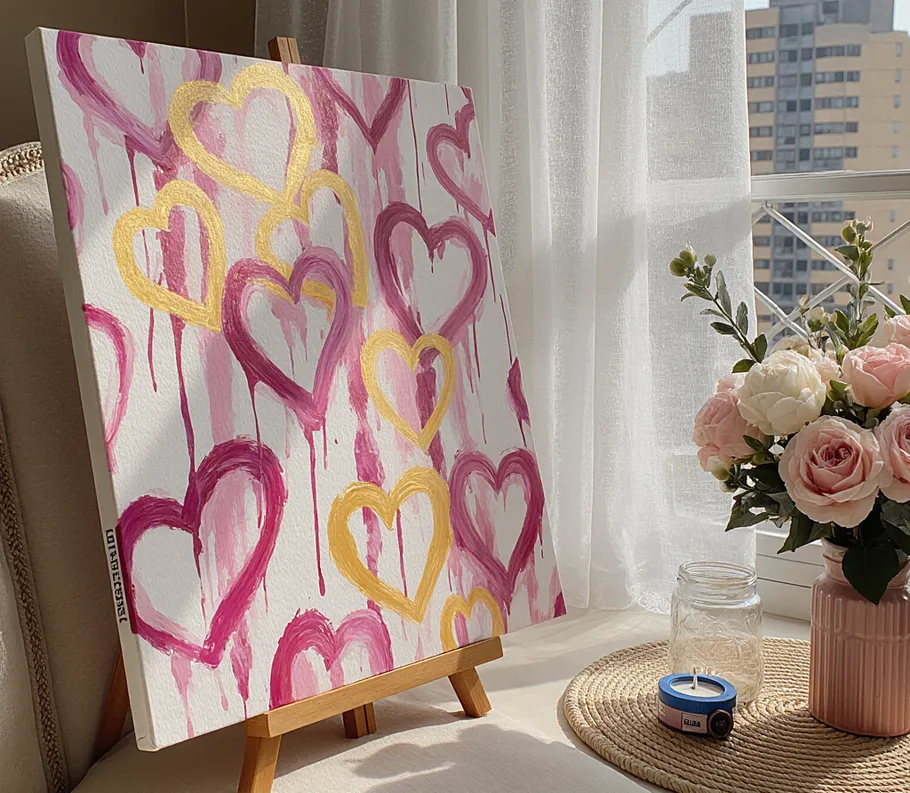 Heart painting on easel by window with flowers.